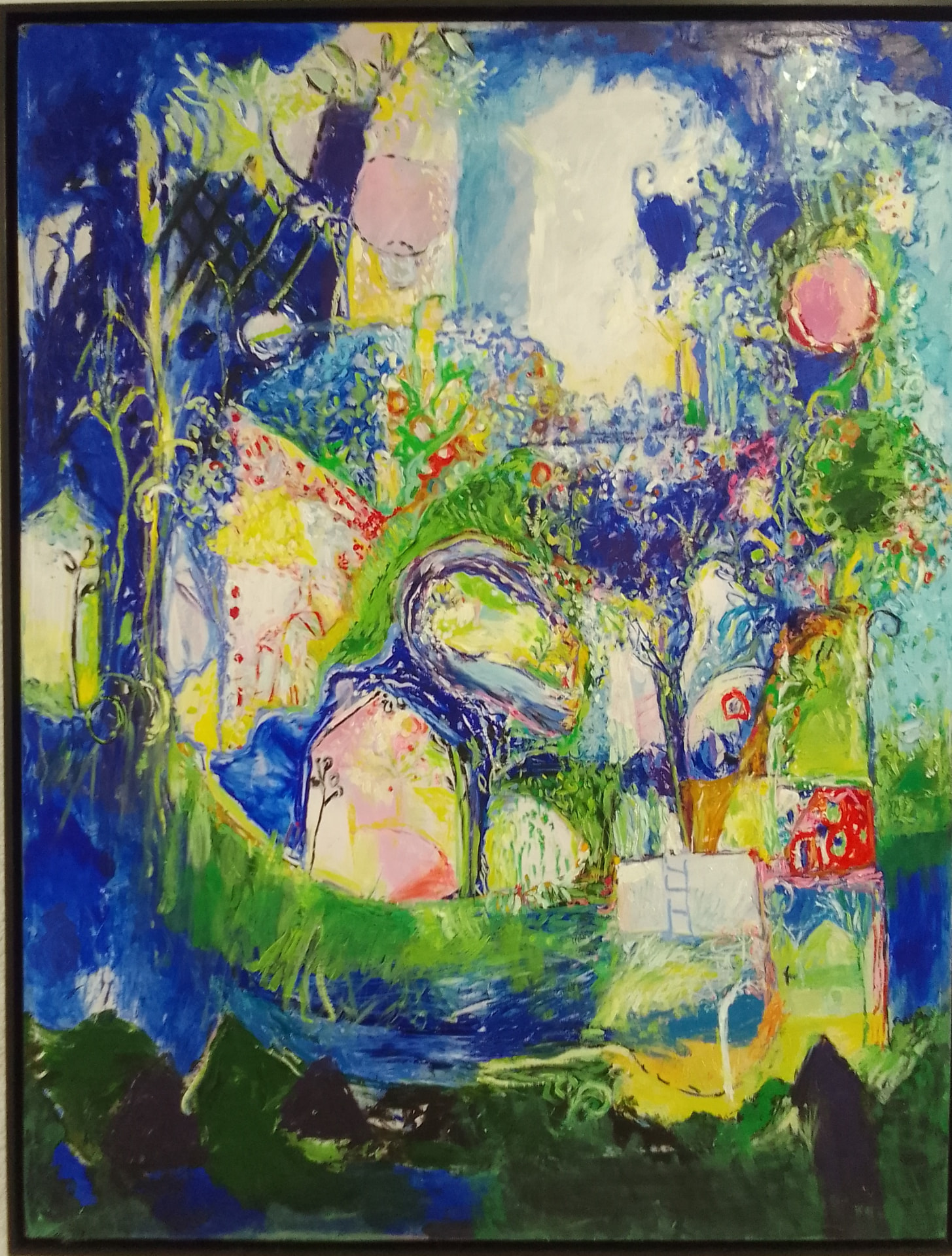 Nuit du jardin, peinture de Fidélie Cardi, jardin nocturne bleu profond et verts lumineux