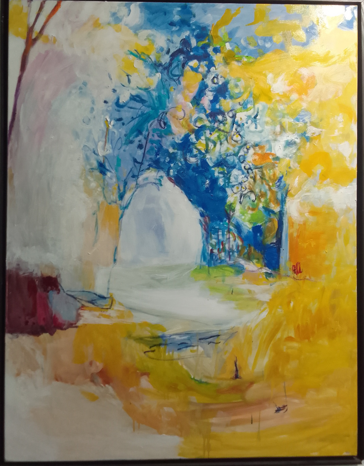 Éveil, peinture de Fidélie Cardi, arbre bleu et champs jaunes sur fond clair