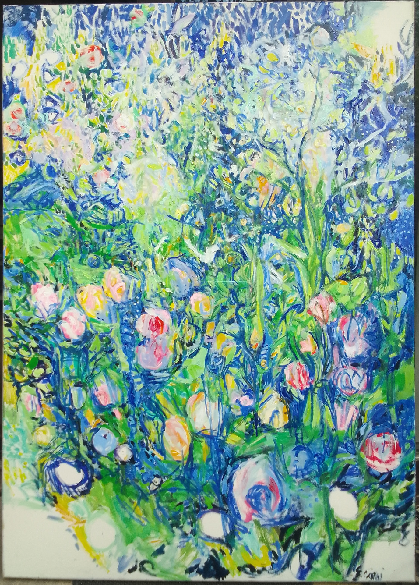 Ton été, peinture de Fidélie Cardi, massif de fleurs roses et bleues
