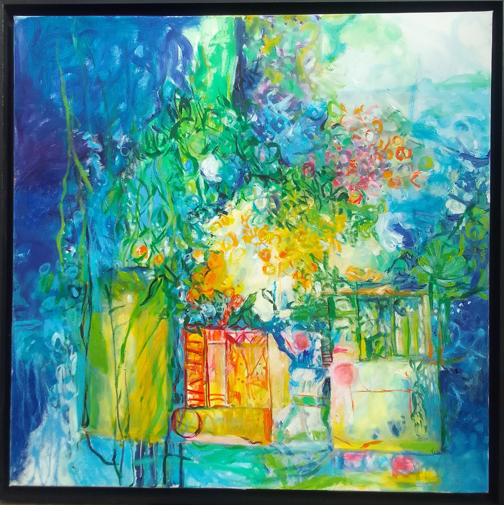Le Jardin des poissons, peinture de Fidélie Cardi, jardin fleuri sur fond bleu