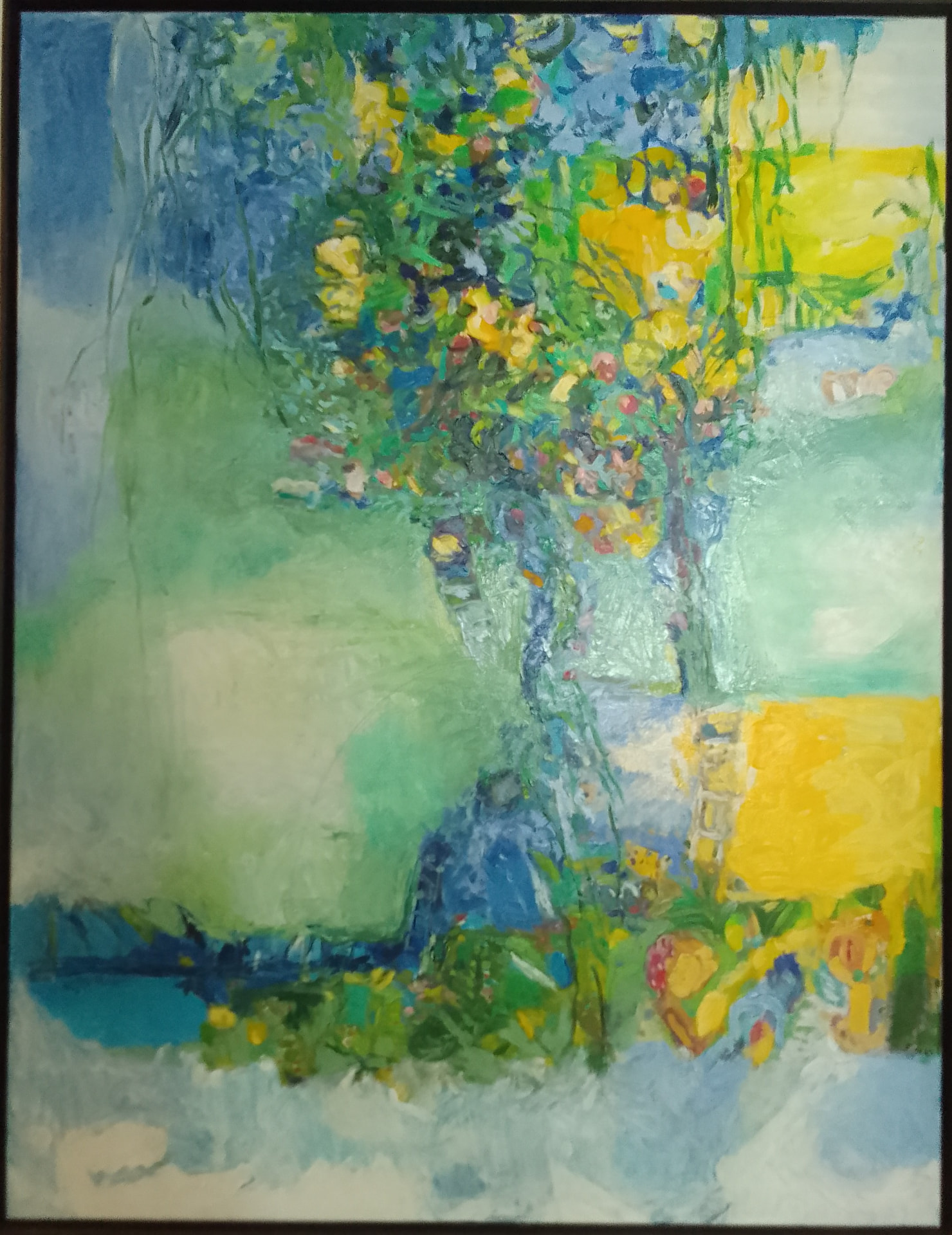 Jardin suspendu, peinture de Fidélie Cardi, arbre fleuri, verts pâles et jaunes