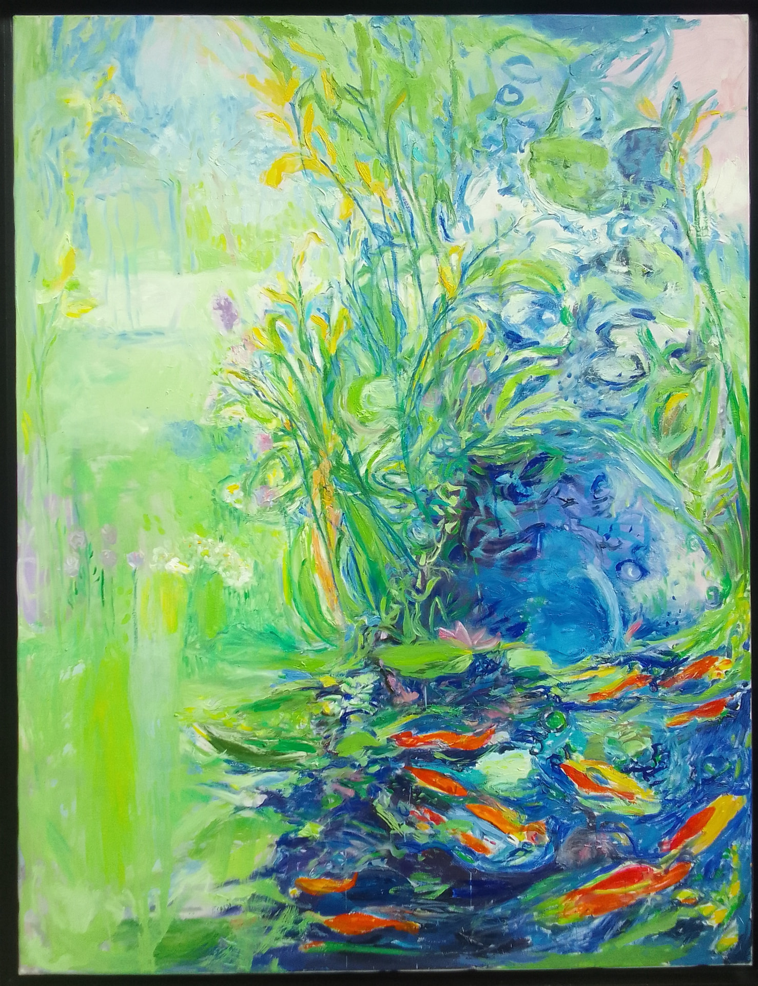 Le Printemps, peinture de Fidélie Cardi, bassin bleu et végétation verte