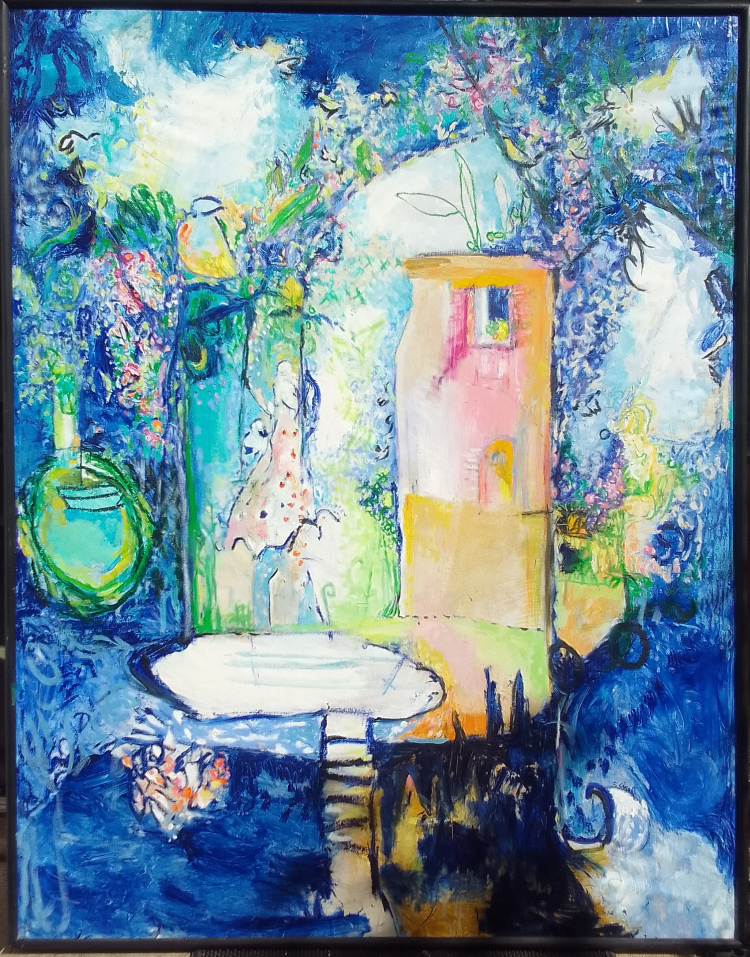 Balançoire de l'aube, huile sur papier marouflé de Fidélie Cardi, jardin bleu avec table blanche